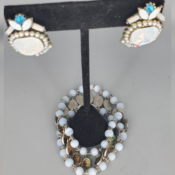 Milky White Studded Earrings and Religious Catholic Saint Bracelet Set - Picture 2 of 9